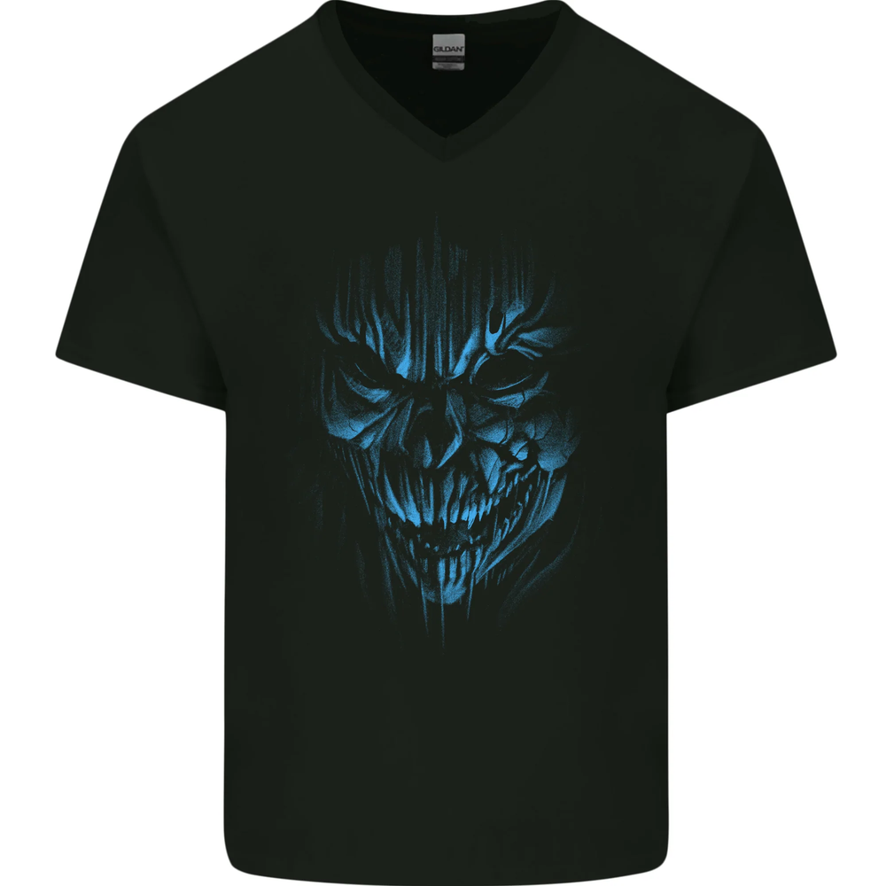 Gothic Demon Skull Satan Grim Reaper Mens V-Neck Cotton Tee