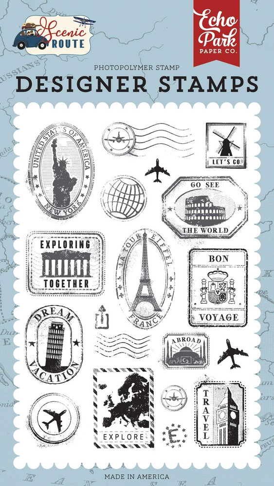 Travel Set stamp, red, navy, gold, blue