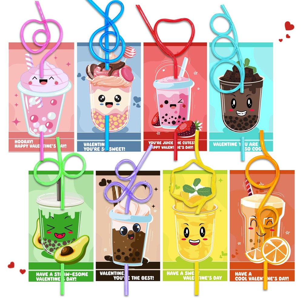 Valentines Day Cards for Kids with 32 Pack of Crazy Loop Reusable Drinking St...