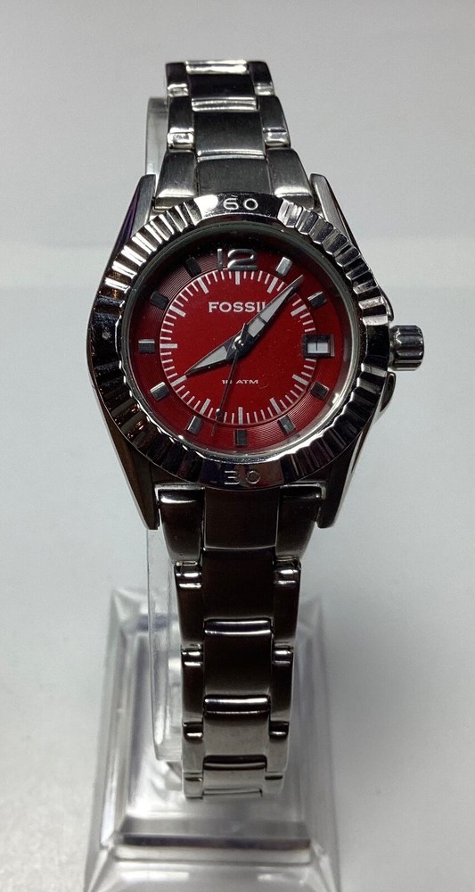 Fossil Womens Watch AM-4186 All Stainless Silver Red Dial New Battery 6.25”