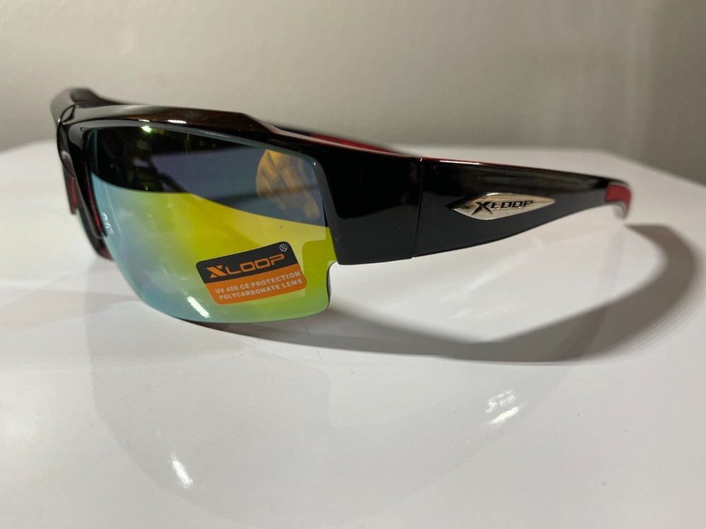 Men's black frame wrap sunglasses with yellow reflective lenses