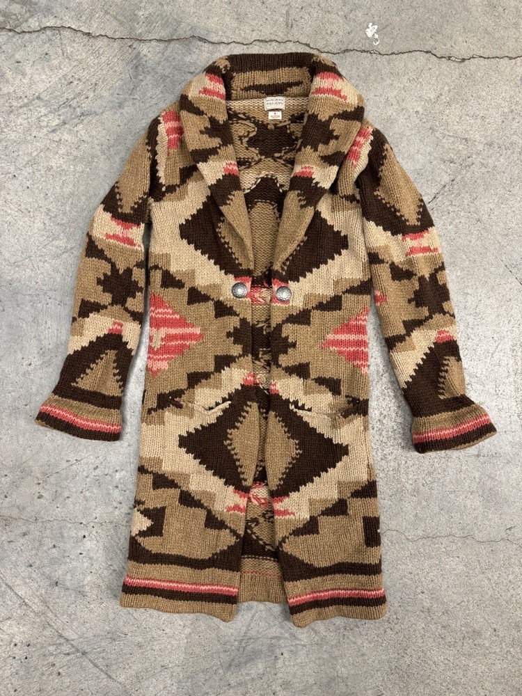 VTG Ralph Lauren Small Handknit Aztec Navajo Shawl Collar Long Cardigan