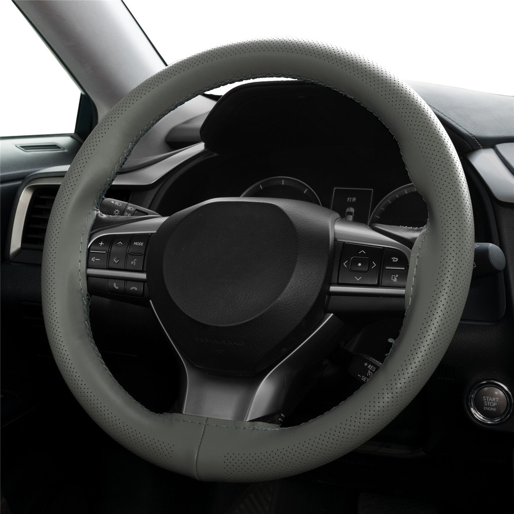 Grey Genuine Leather Anti-Slip DIY Steering Wheel Cover w/ Needle Thread