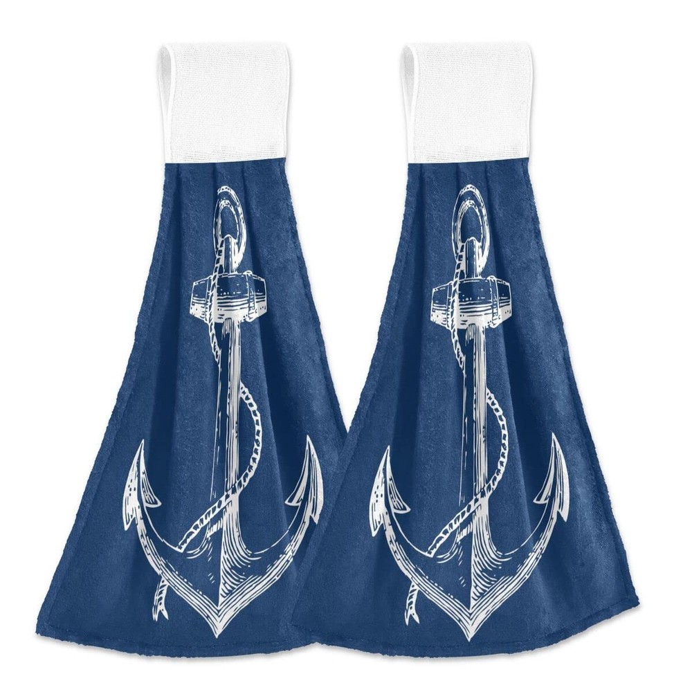 Nautical Anchor Hanging Hand Towels Set of 2 Navy Anchors Hand Towel Ocean Se...