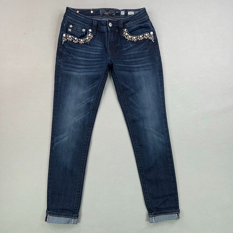 Miss Me Womens Size 27 Blue Skinny Jeans with Bling Pearl Cowgirl Design