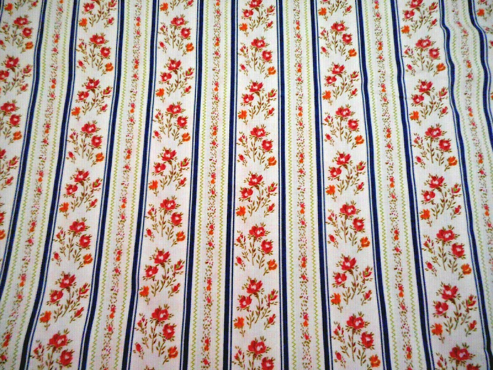 Cotton Fabric 1 3/4 Yard Pink Gold Green Floral on Navy Ivory Stripe Vtg #PC