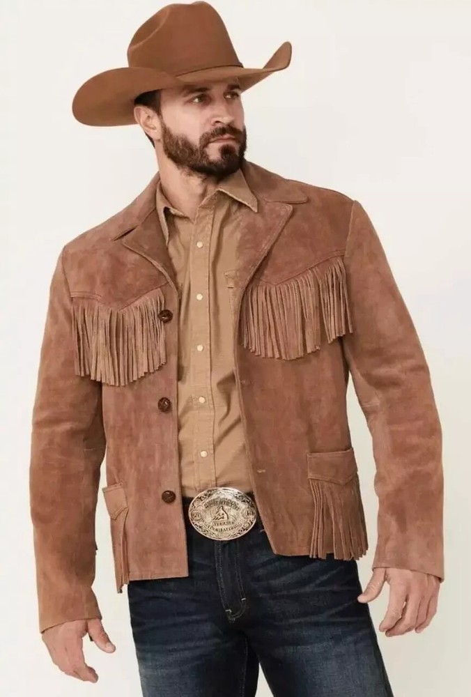 Brown Western Suede Leather Jacket Men Native American Real Fringe Cowboy Jacket