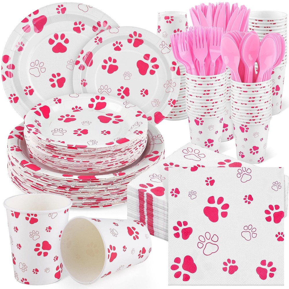 400 Pieces Pink Paw Disposable Party Tableware Sets Dog Puppy Supplies Includ...