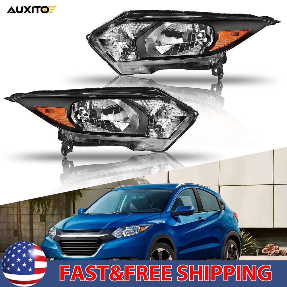 Fit 2016-18 Honda HR-V HRV Black Housing Halogen Headlight Assembly Pair LH RH