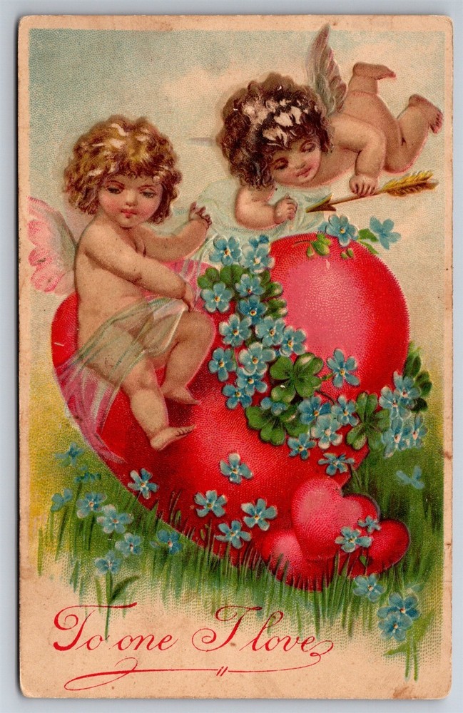 Vintage Cupid Heart Arrow Embossed Valentine Postcard C1900s AC2