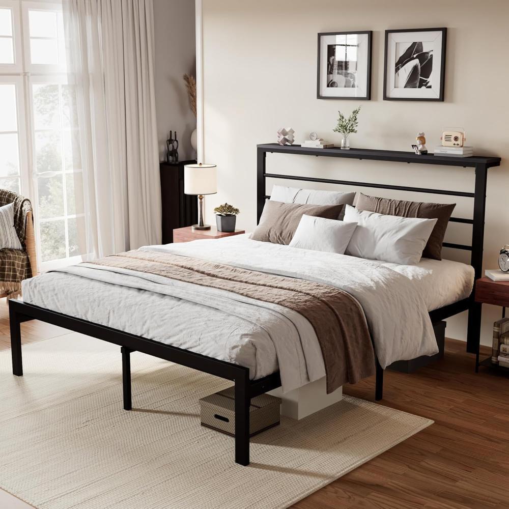 Full Size Bed Frame for 54x75 Mattress Durable Black Shelf Easy Clean Design-image