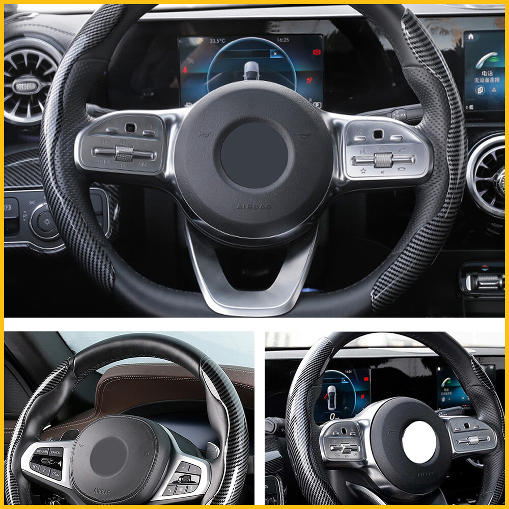 2x Carbon Fiber Universal For 37-38cm/14.6-15in Car Steering Wheel Booster Cover
