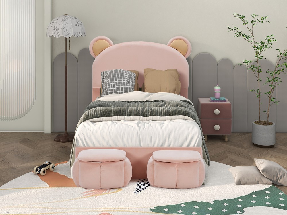Twin Size Upholstered Platform Bed Frame with Cartoon Bear Ears Shaped Headboard
