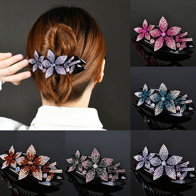 Shiny Rhinestone Flower Hair Clip Women Shinning Ponytail Headwear