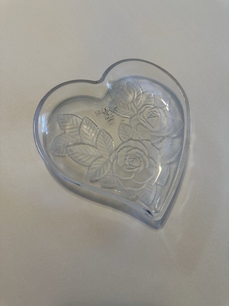 Mikasa Studio Nova Japan Crystal Heart Candy Dish with Etched Frosted Roses and Leaves