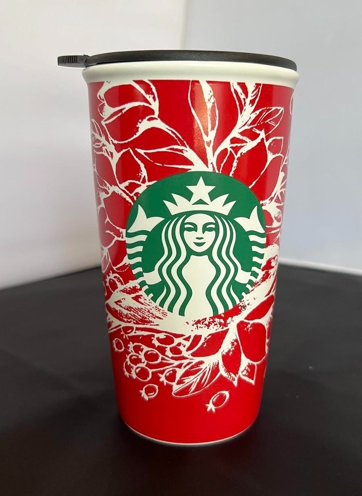 Starbucks 2016 Holiday Red White Ceramic 12oz Travel Mug with Lid