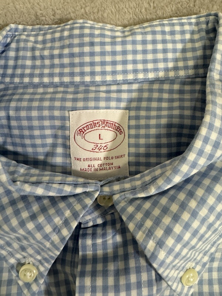 BROOKS BROTHERS Large Button Up Shirt Blue Check Logo Supima Perfect 346