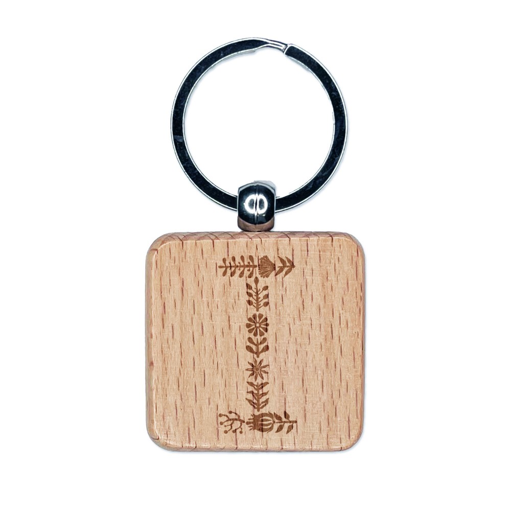 Botanical Floral Letter I Engraved Wooden Square Keychain Gift
