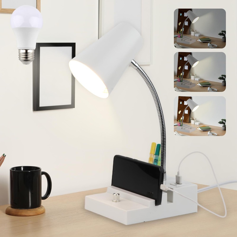 Study Desk Lamp with USB Charging and Type-C Night Light, Gooseneck LED Table...