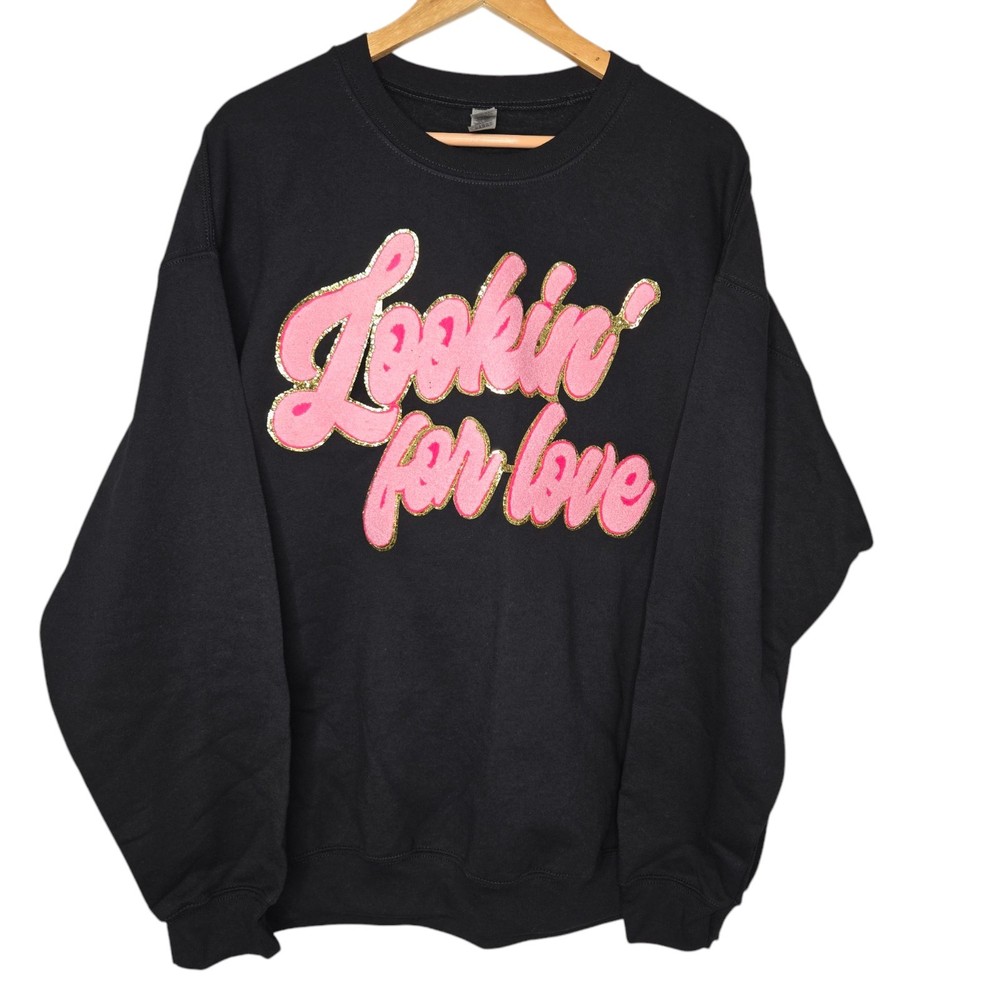 Women's XL Black Pink Gold Metallic Chenille Patch Crewneck Sweatshirt