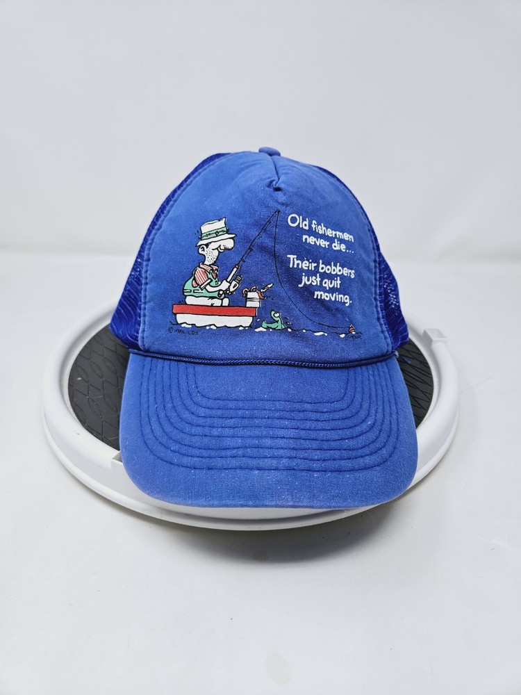 VTG 90s Fishermen Never Die Bobbers Quit Trucker Hat Funny Fishing Mesh Rope