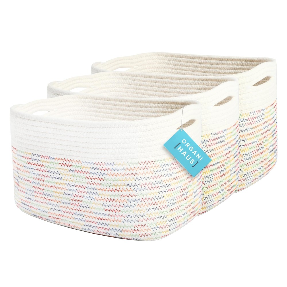 Set of 3 Cute Rainbow Storage Basket for Toys & Cloths, Cotton Rope Bins for ...