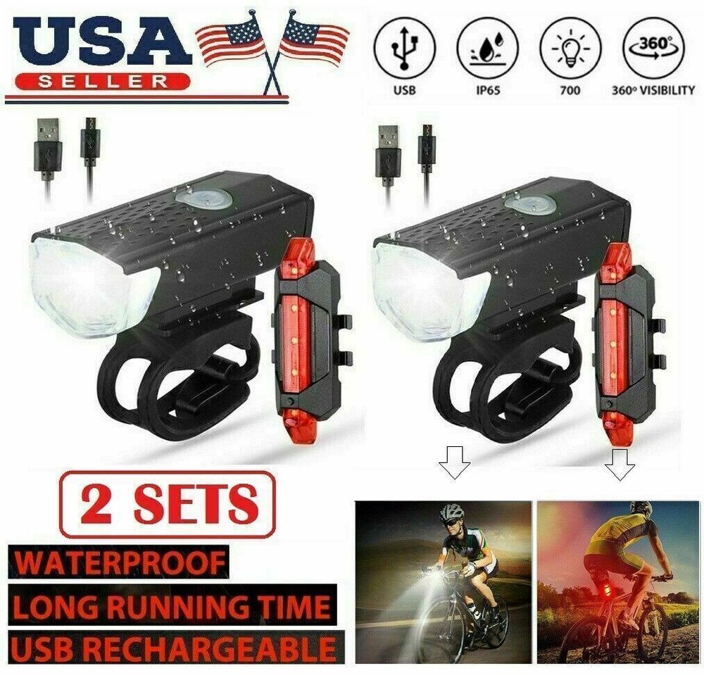 2Pcs USB Rechargeable LED Bike Light Set Front and Rear Cycling Safety Lamps