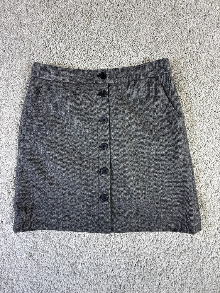 J Crew Gray Wool A Line Skirt Size 0 Buttons Pockets Herringbone Gray