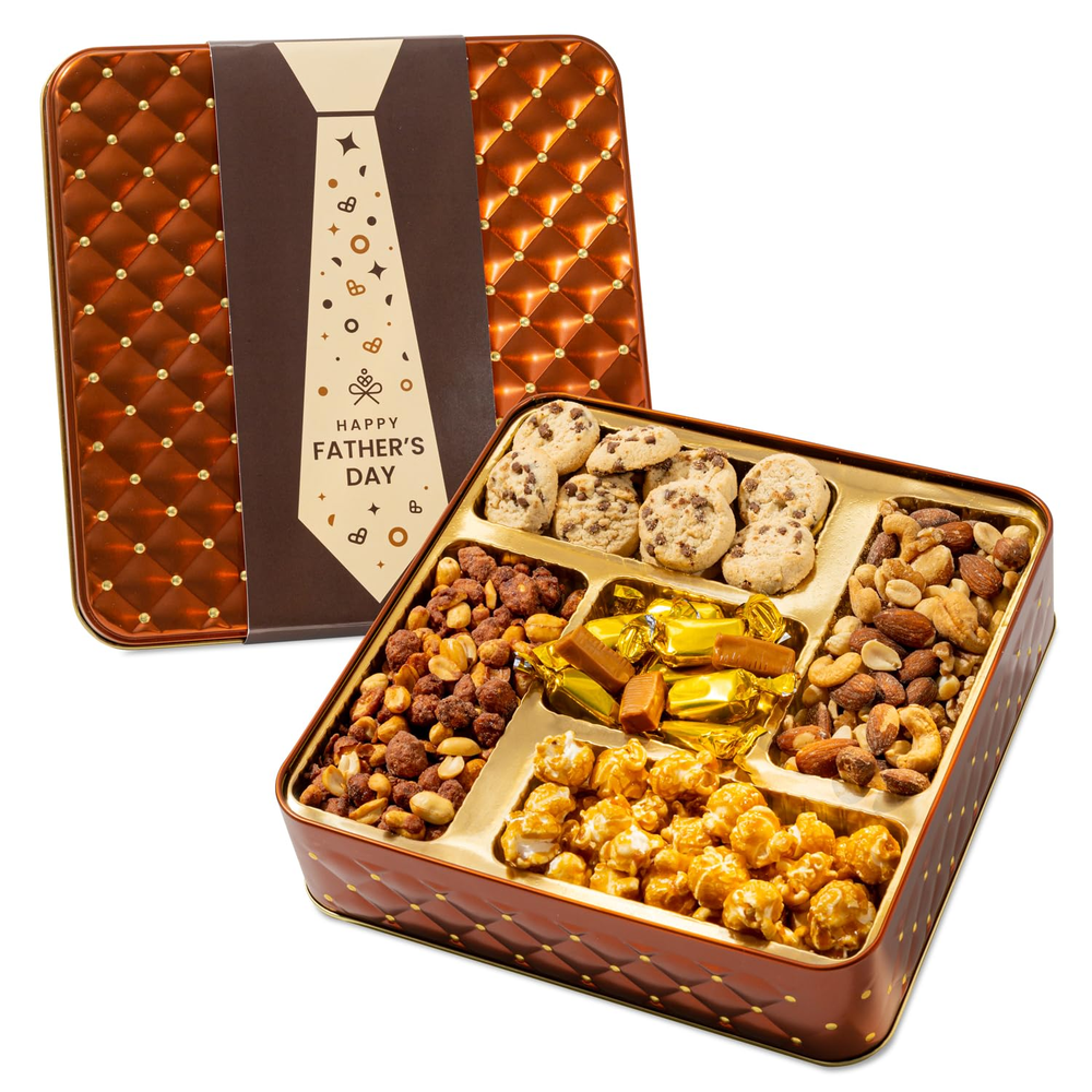 Fathers Day Gift Basket with Candy Nuts and Gourmet Snacks in a Tin-image