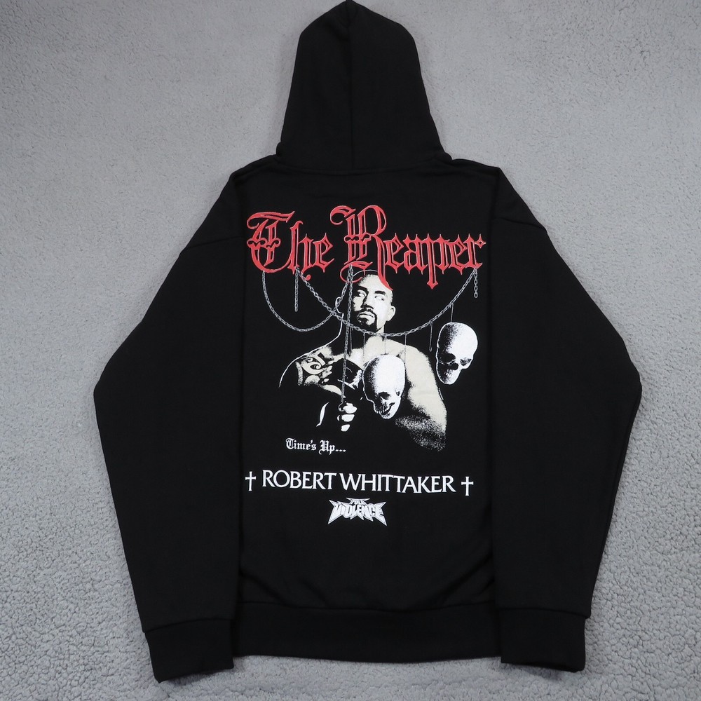 Men's Large Black MMA Skull Hoodie Heavyweight Goth Grunge Reaper Design-image