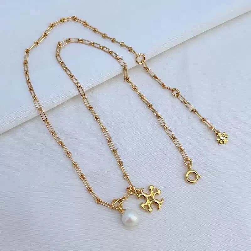 Tory Burch Long Chain Necklace Lady Classic Pearl Double T Logo