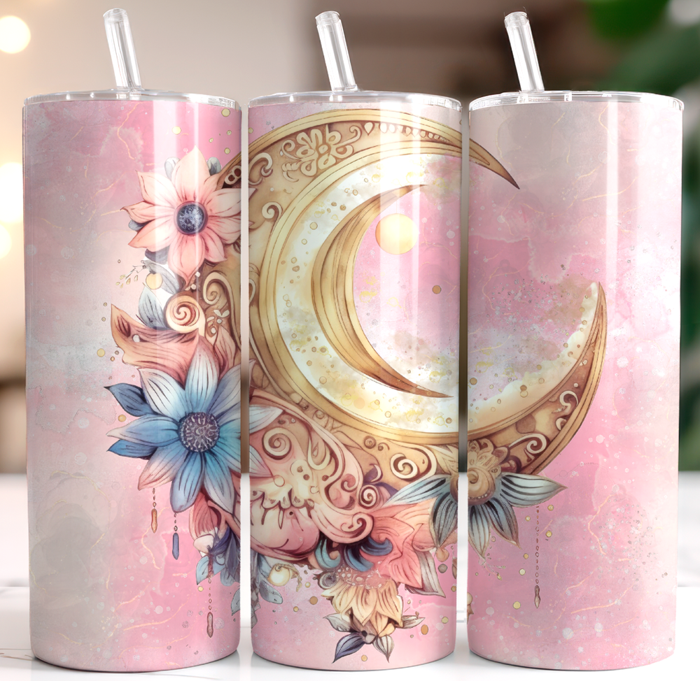 Floral Crescent Moon Multicolor 20oz Insulated Tumbler With Box Lid Straw New