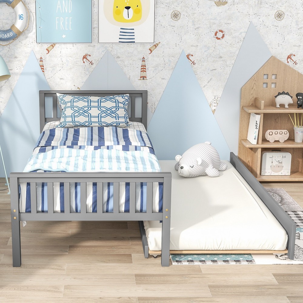 Twin Size Platform Bed Frame w/Trundle Modern Wood Bed Frame Bedroom Furniture