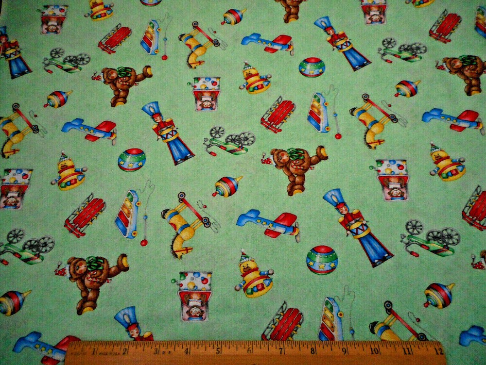 Christmas Fabric By Yard Holiday Express Vtg Toys Green Premium Cotton #14 C