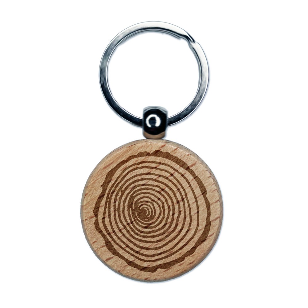 Hand Drawn Tree Rings Doodle Engraved Wood Round Keychain Tag Charm