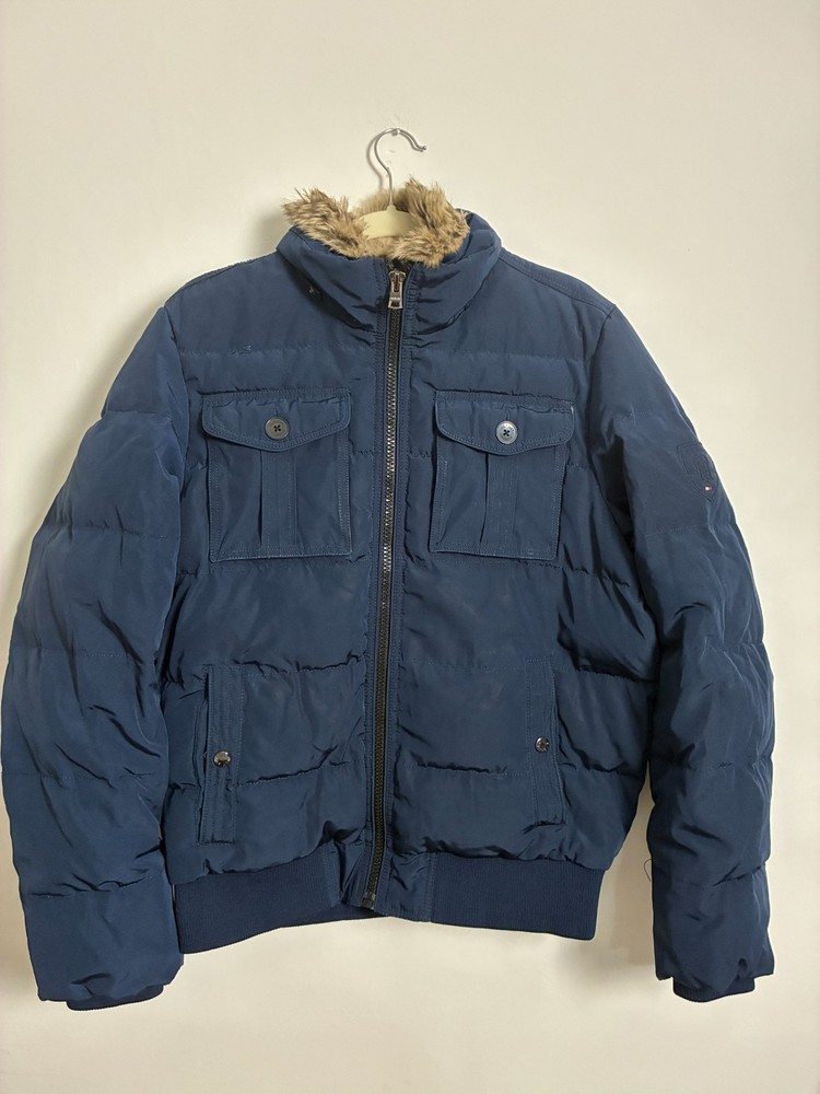 Mens Tommy Hilfiger Navy Puffer Jacket Faux Fur Hood Size M