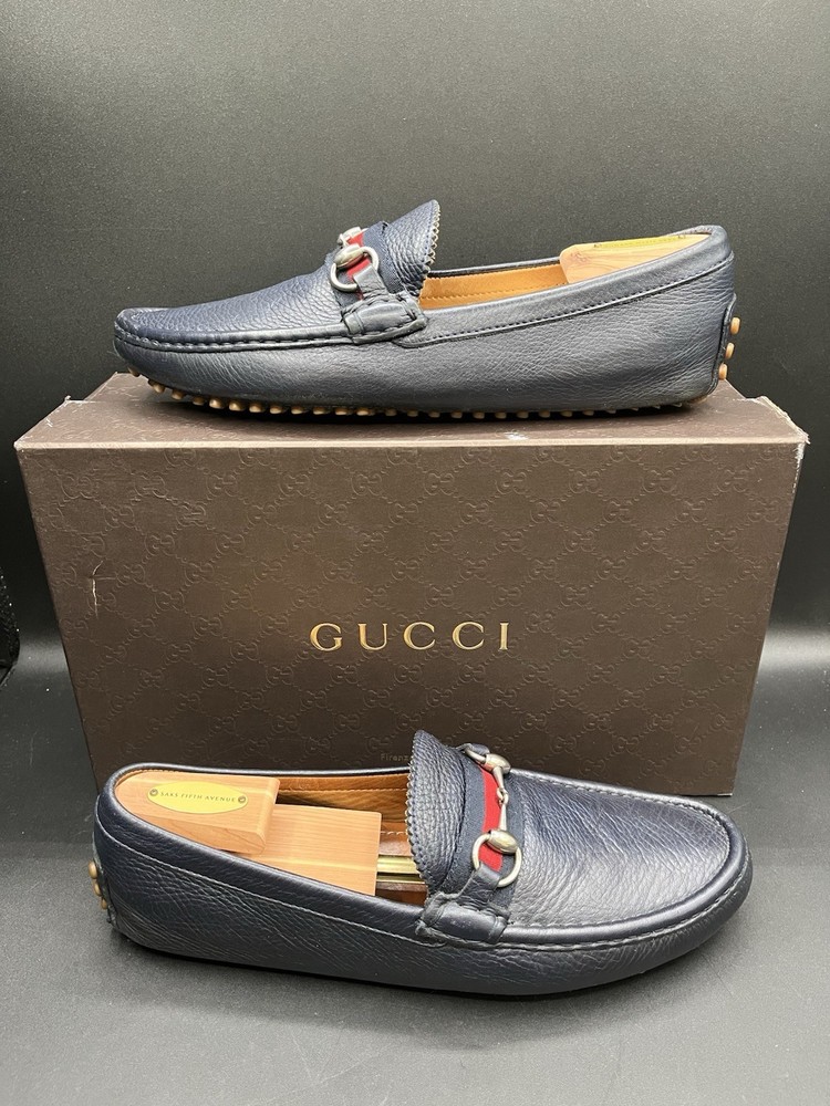 Gucci Navy Blue Leather Horsebit Loafers in Size 9.5