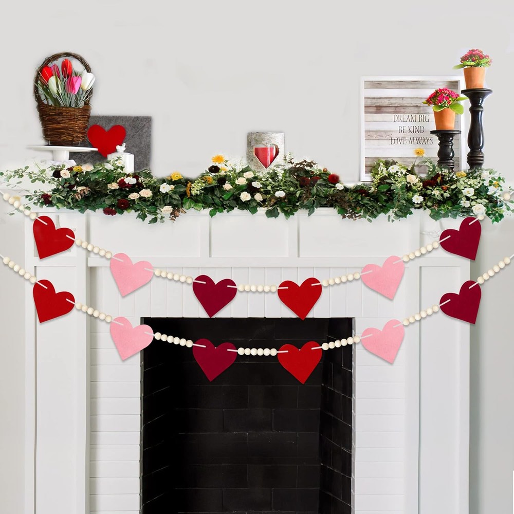 Valentines Felt Heart Garland with Wood Beads - NO DIY Valentine's Day