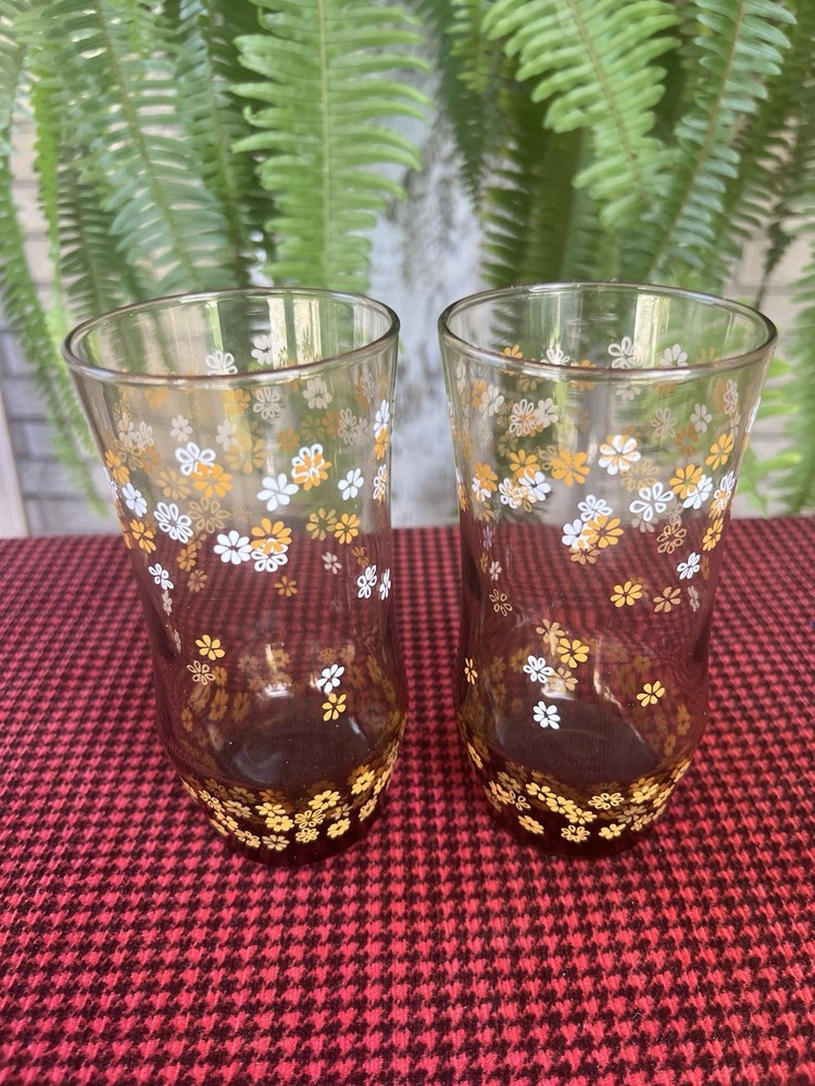2 Vtg Libbey Amber Crazy Daisy Strawflower 12 Oz Tumblers Drinking Glasses 1970s