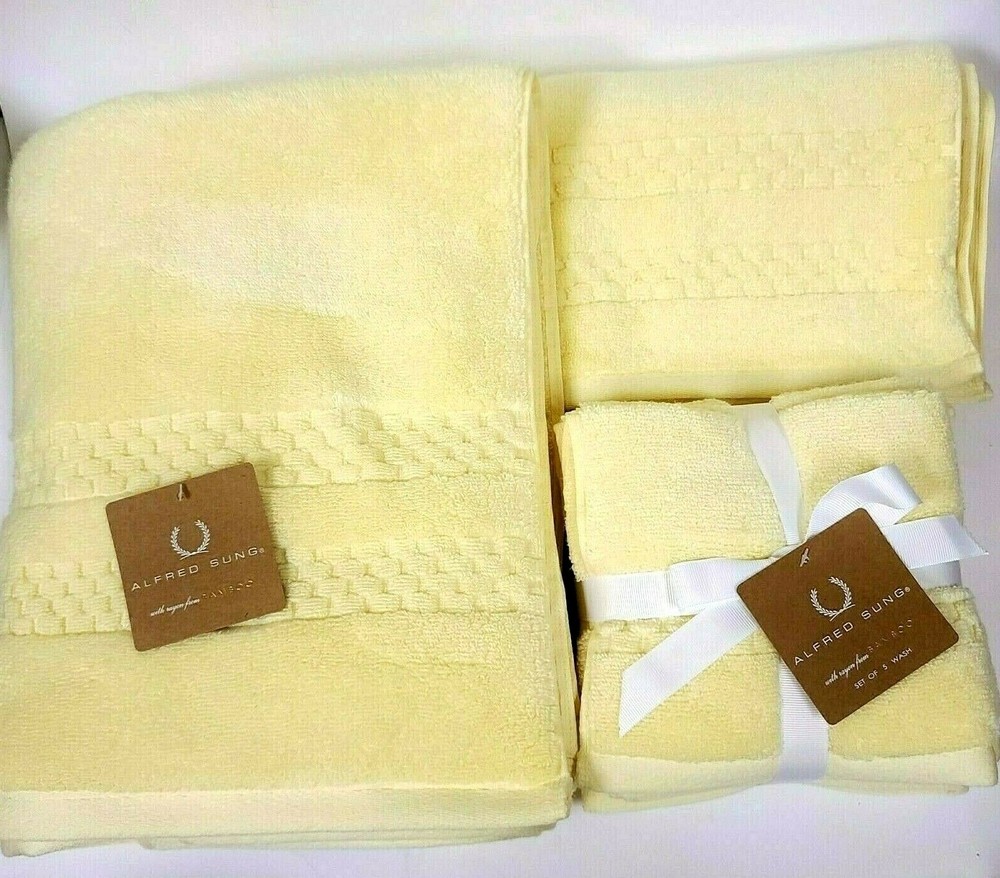 Alfred Sung Yellow Checker Bamboo Cotton Fluffy Bath Hand Towel Washcloth Set