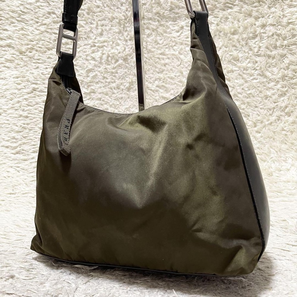 Prada Nylon Leather Shoulder Bag Dark Green with Silver Metal Engravings