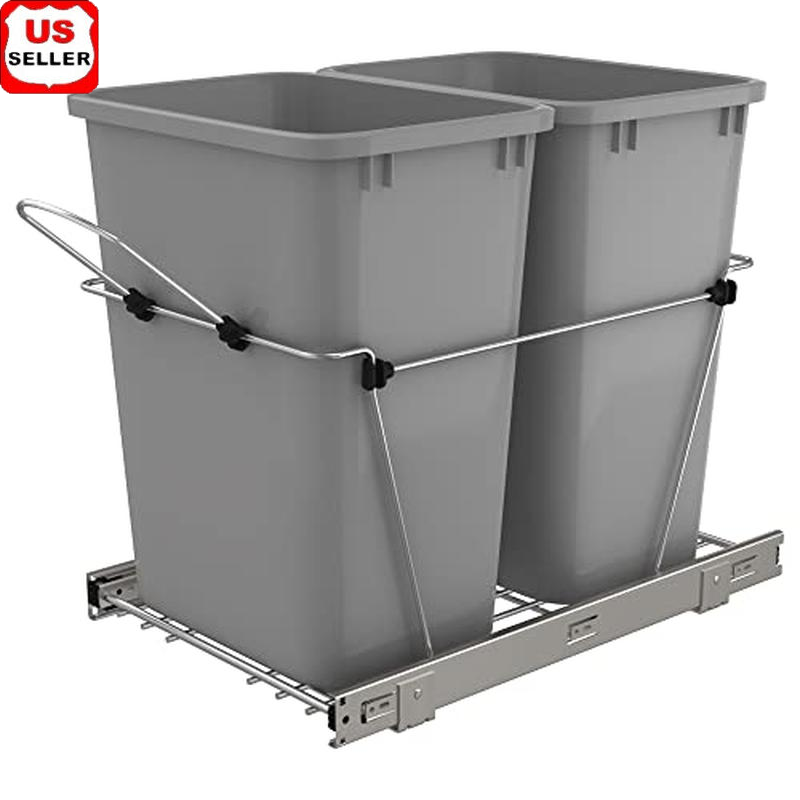 Under Cabinet Pullout Trash Can 35Qt Recycling Bin Full Extension Slides Metal
