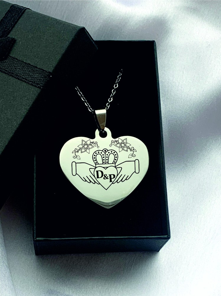 Fathers Day Gift Claddagh  Heart Pendant Personalised laser Engraved steel-image