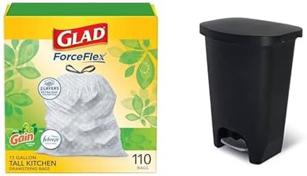 Glad 13 Gallon Trash Can & Forceflex Tall Kitchen Trash Bags Gain with Febreze