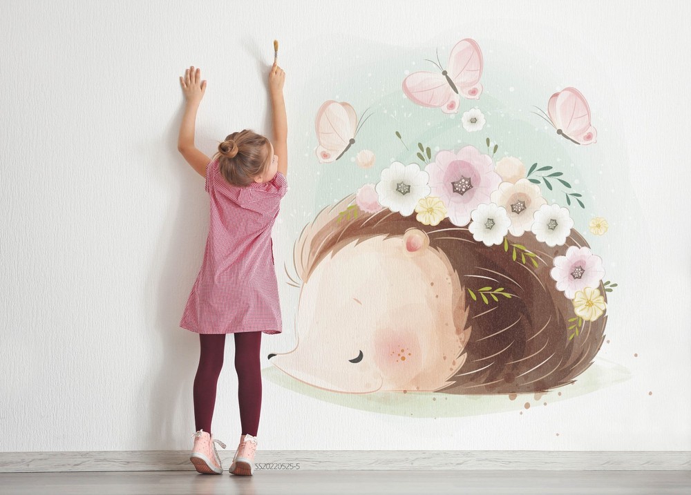 3D Hedgehog Flowers Butterfly Cartoon Wall Murals Wallpaper Murals Wall Sticker