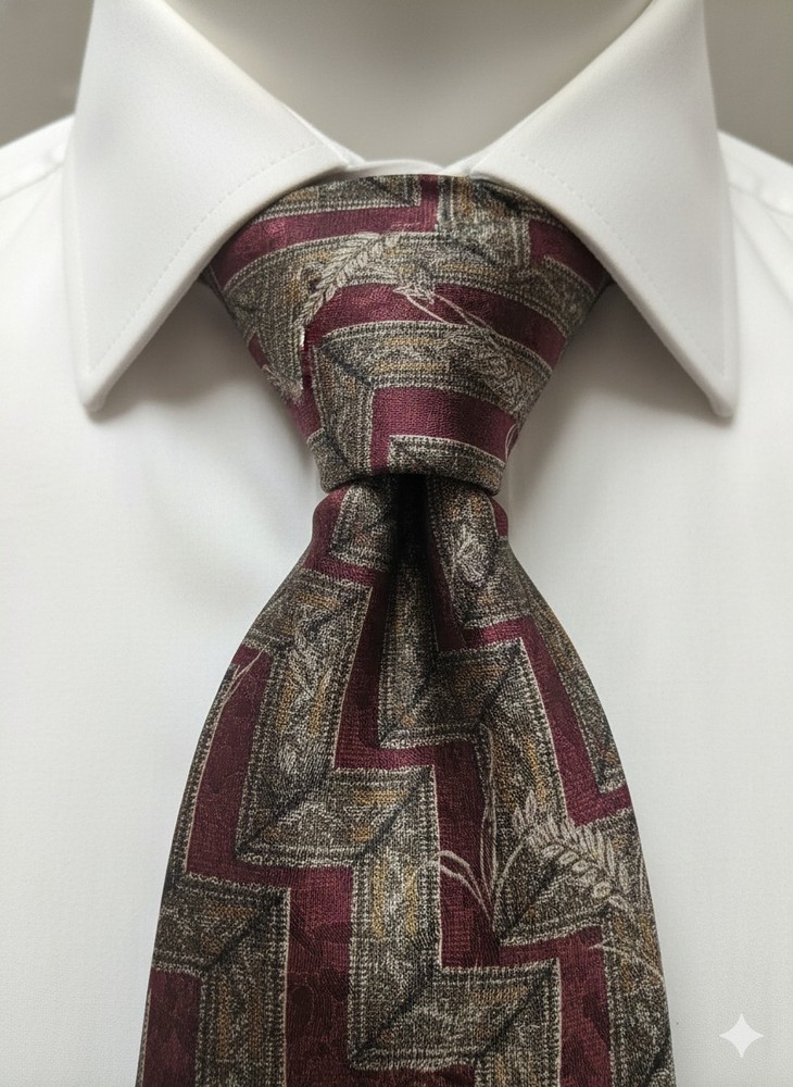Ermenegildo Zegna Silk Tie Vintage Geometric Zig Zag Wheat Burgundy Gold Italy