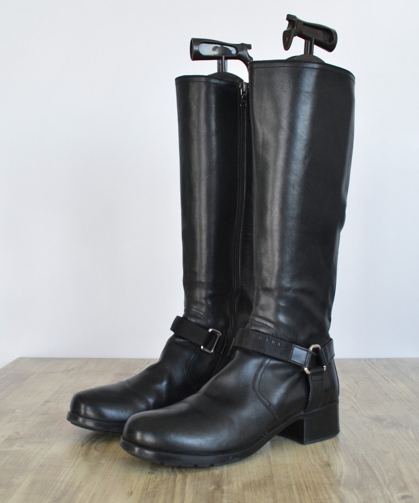 Vintage PRADA Leather Biker Boots with Logo Zip Moto Style Size 36-37