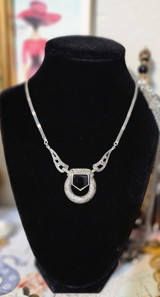 Vintage 925 Sterling Silver Necklace Marcasite With Black Onyx Stone Center