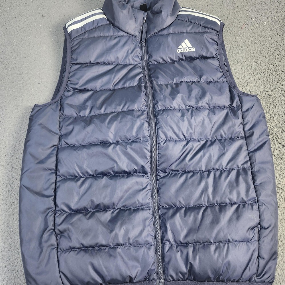 Adidas Vest Mens Medium Blue Primegreen Puffer Full Zip 3-Stripes Sports