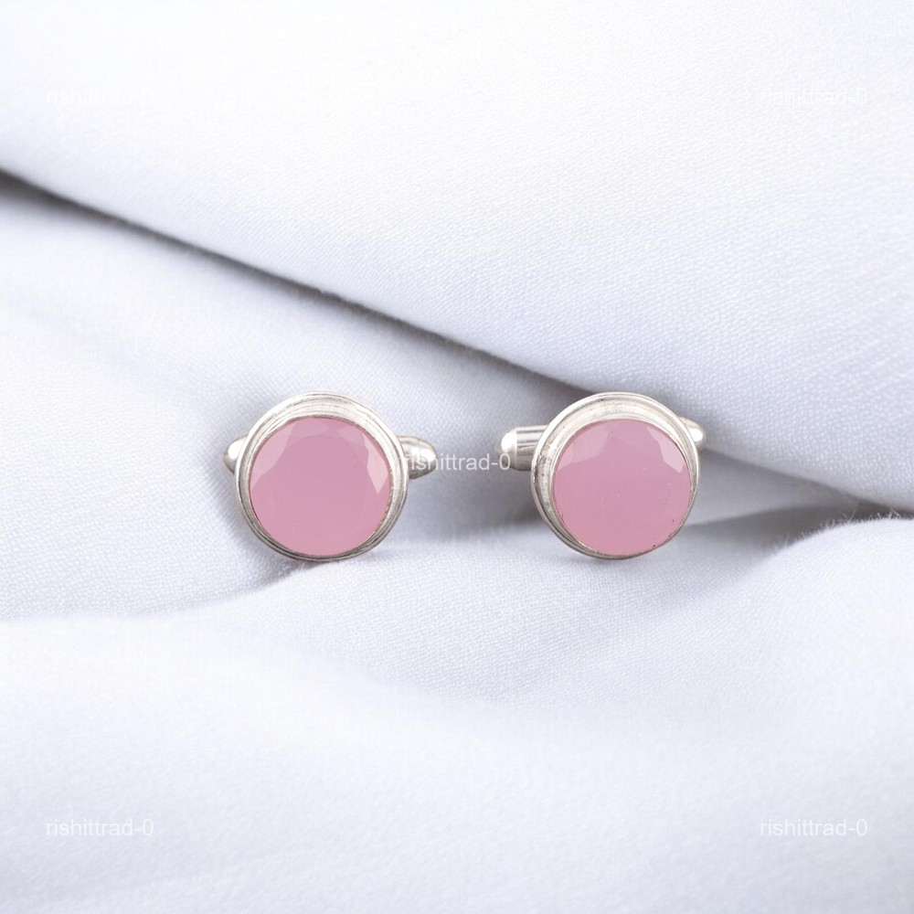 Rose Chalcedony Gemstone 925 Sterling Silver Pink Wedding Anniversary Cufflinks